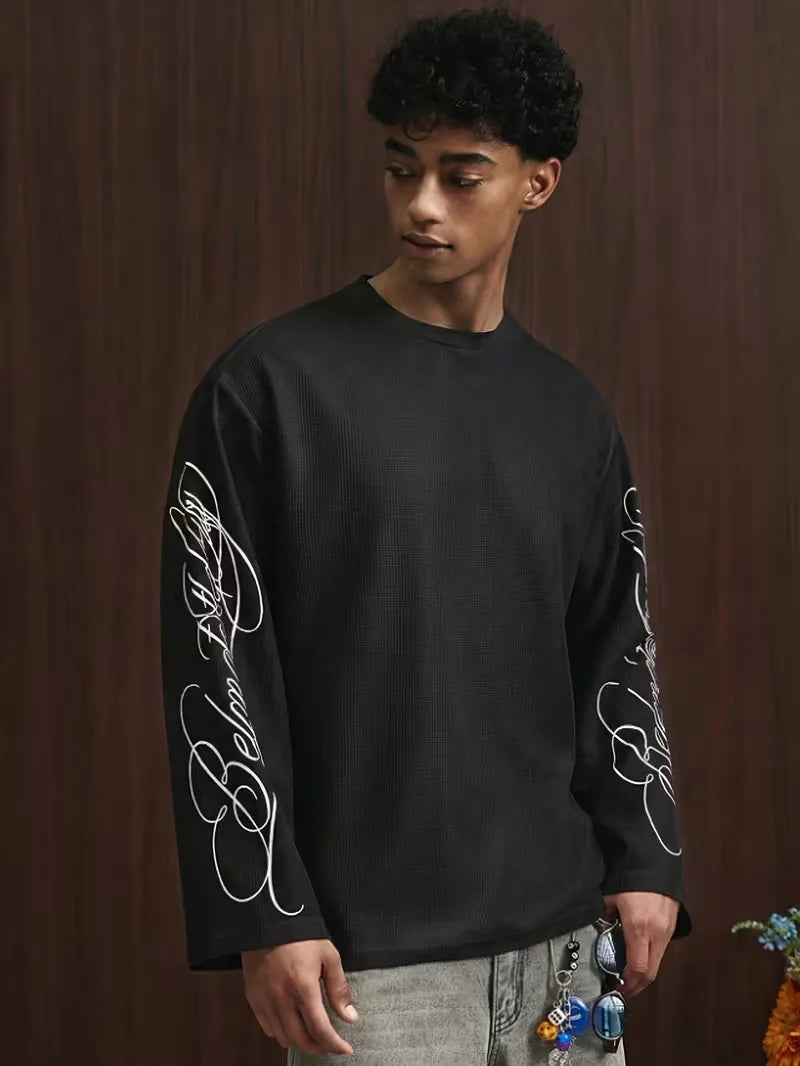 Men's Oversized Waffle-Knit Longsleeve with Script Sleeve Print
