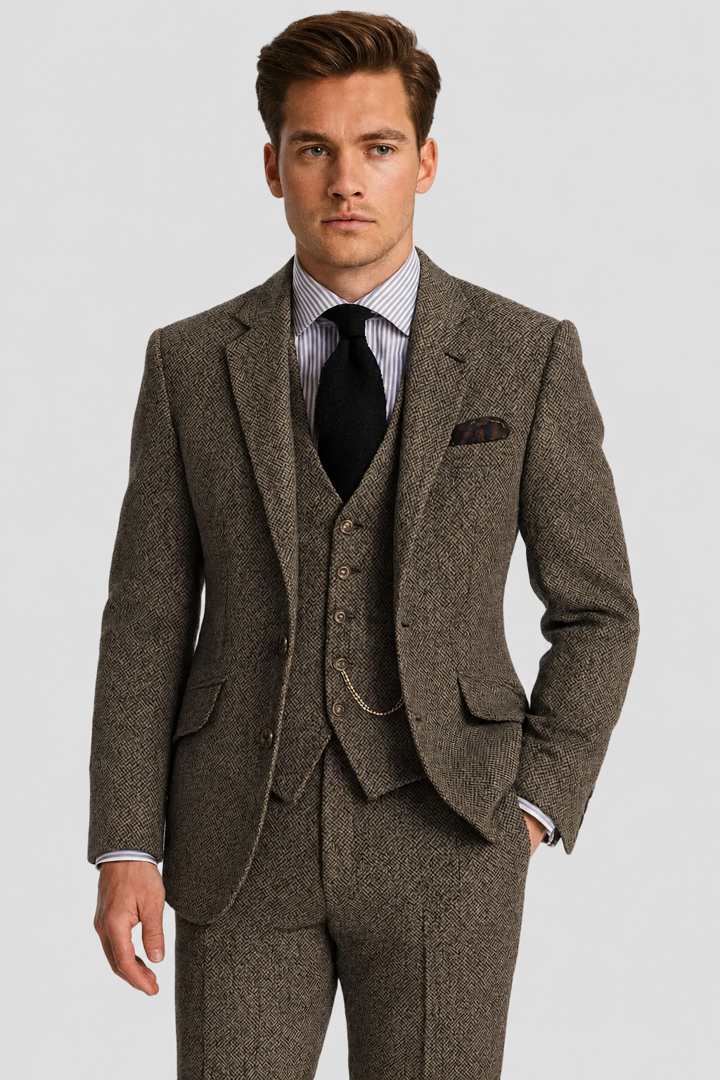 Men's Three-Piece Tweed-Style Suit with Pocket-Watch Chain