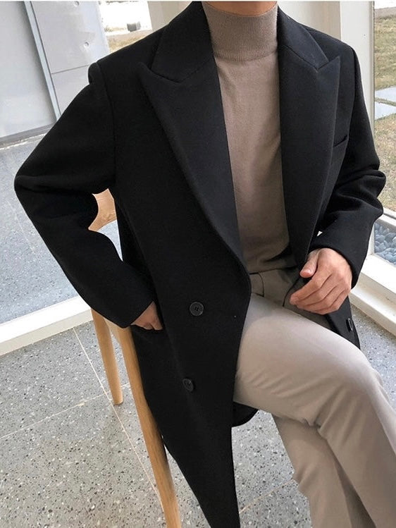 Men's Double-Breasted Overcoat with Notched Lapels