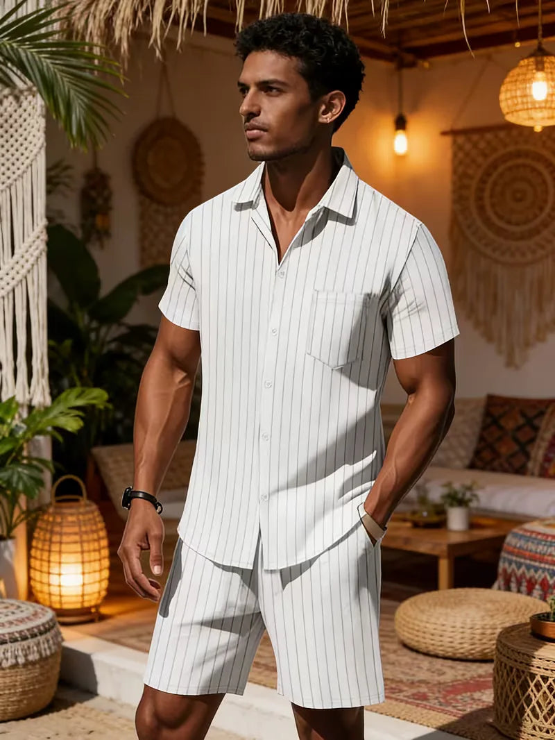 Men's Vertical Stripe Shirt and Shorts Set
