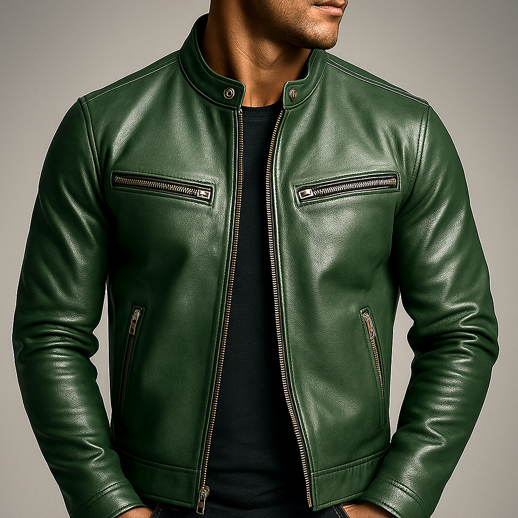 Men's Vintage Leather-Look Jacket – Stand Collar Biker Style with Zip Pockets