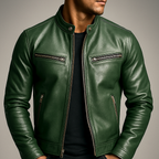 Men's Vintage Leather-Look Jacket – Stand Collar Biker Style with Zip Pockets