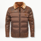 Men's Leather-Look Panel Puffer Jacket – Plush-Collar Insulated Winter