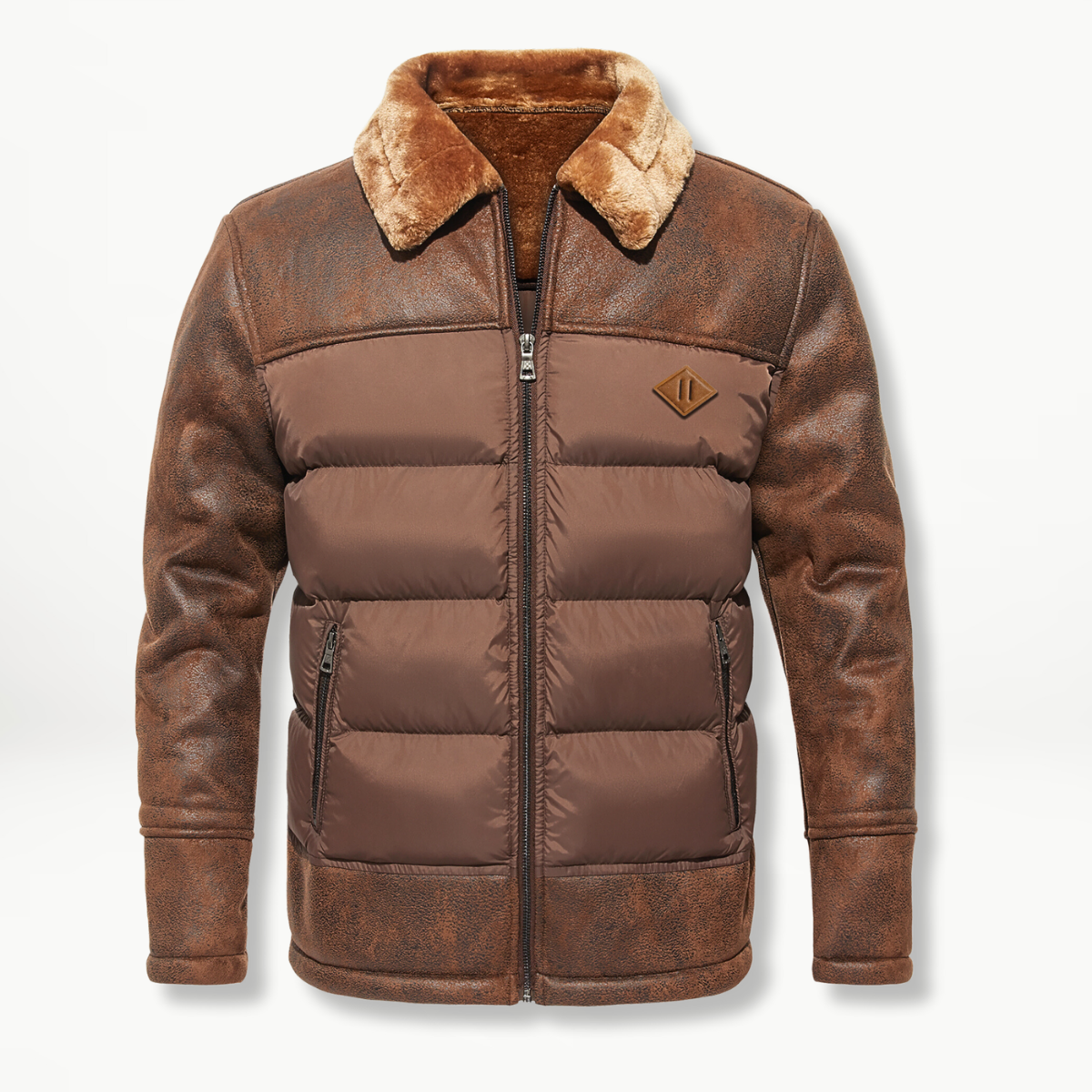 Men's Leather-Look Panel Puffer Jacket – Plush-Collar Insulated Winter