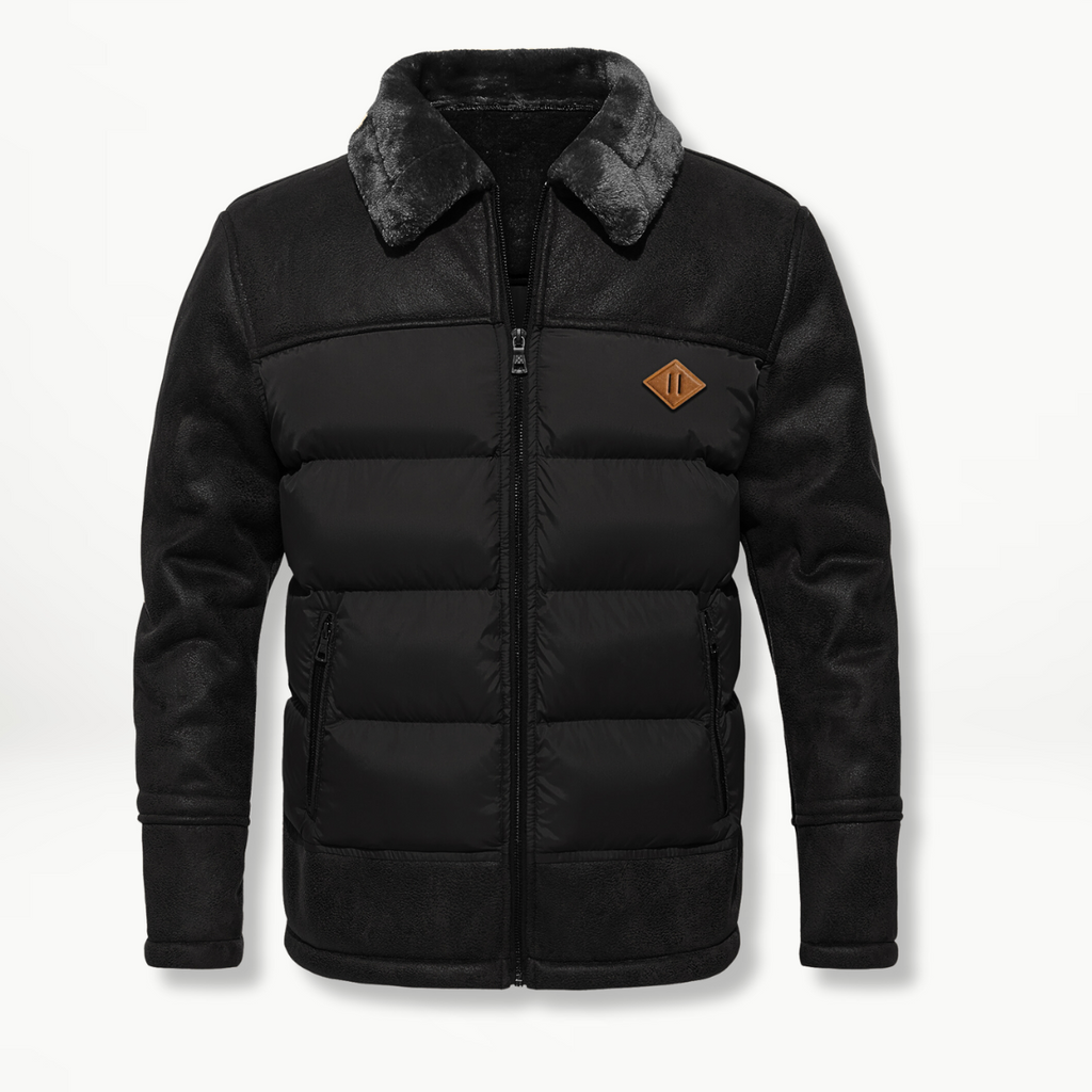 Men's Leather-Look Panel Puffer Jacket – Plush-Collar Insulated Winter