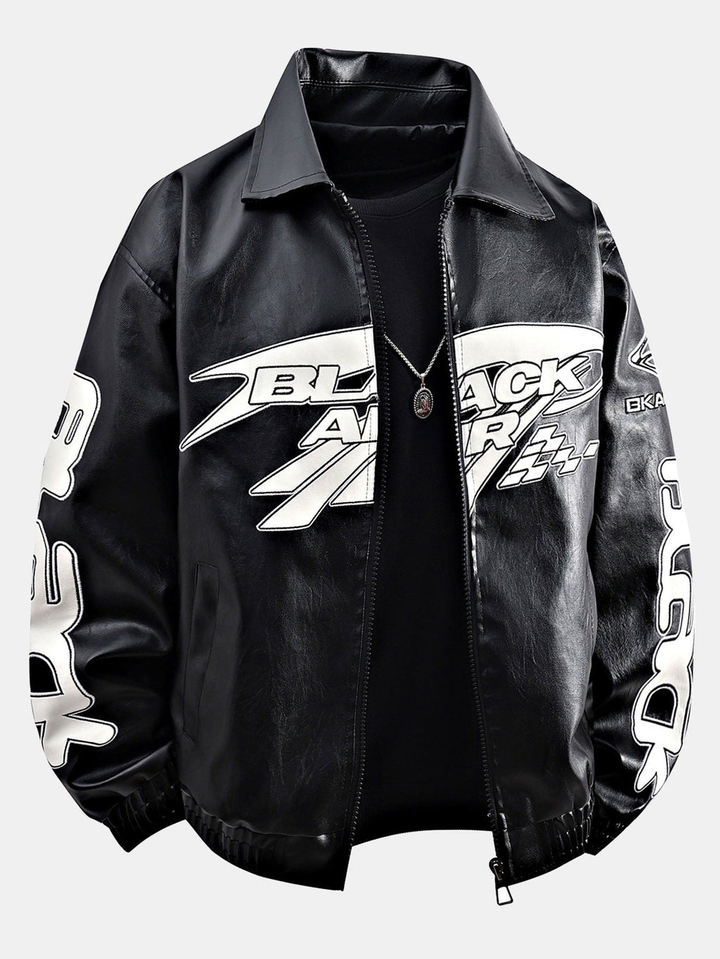 Men's Faux Leather Racing Jacket with Graphic Print