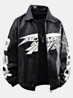Men's Faux Leather Racing Jacket with Graphic Print