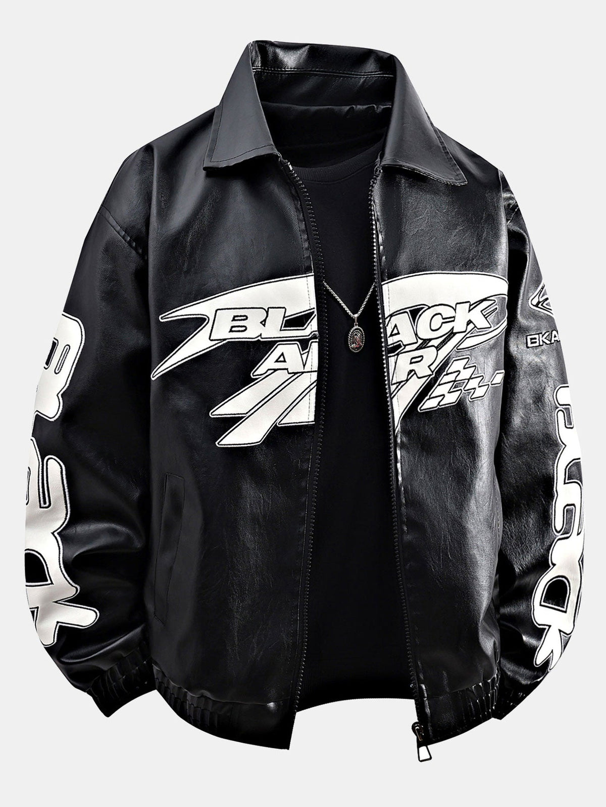 Men's Faux Leather Racing Jacket with Graphic Print