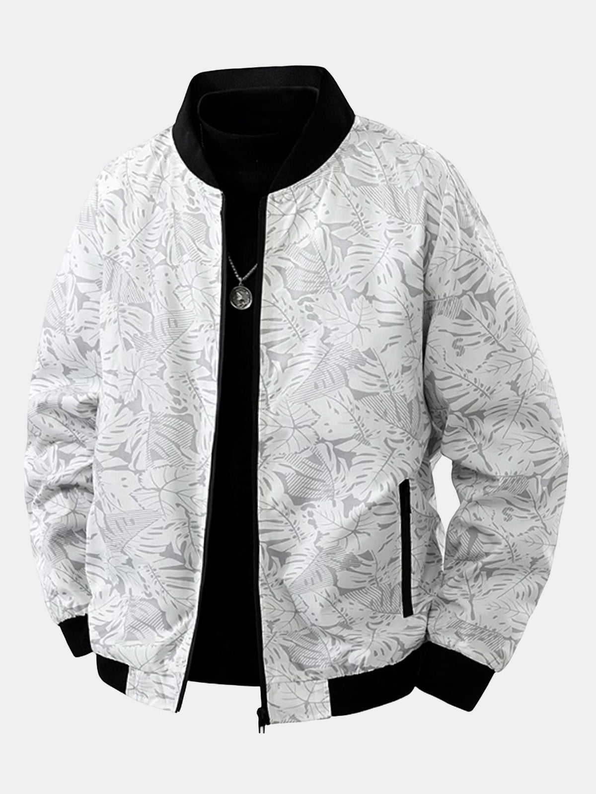 Men's Tropical Leaf Print Bomber Jacket – Relaxed Zip-Up Casual Outerwear