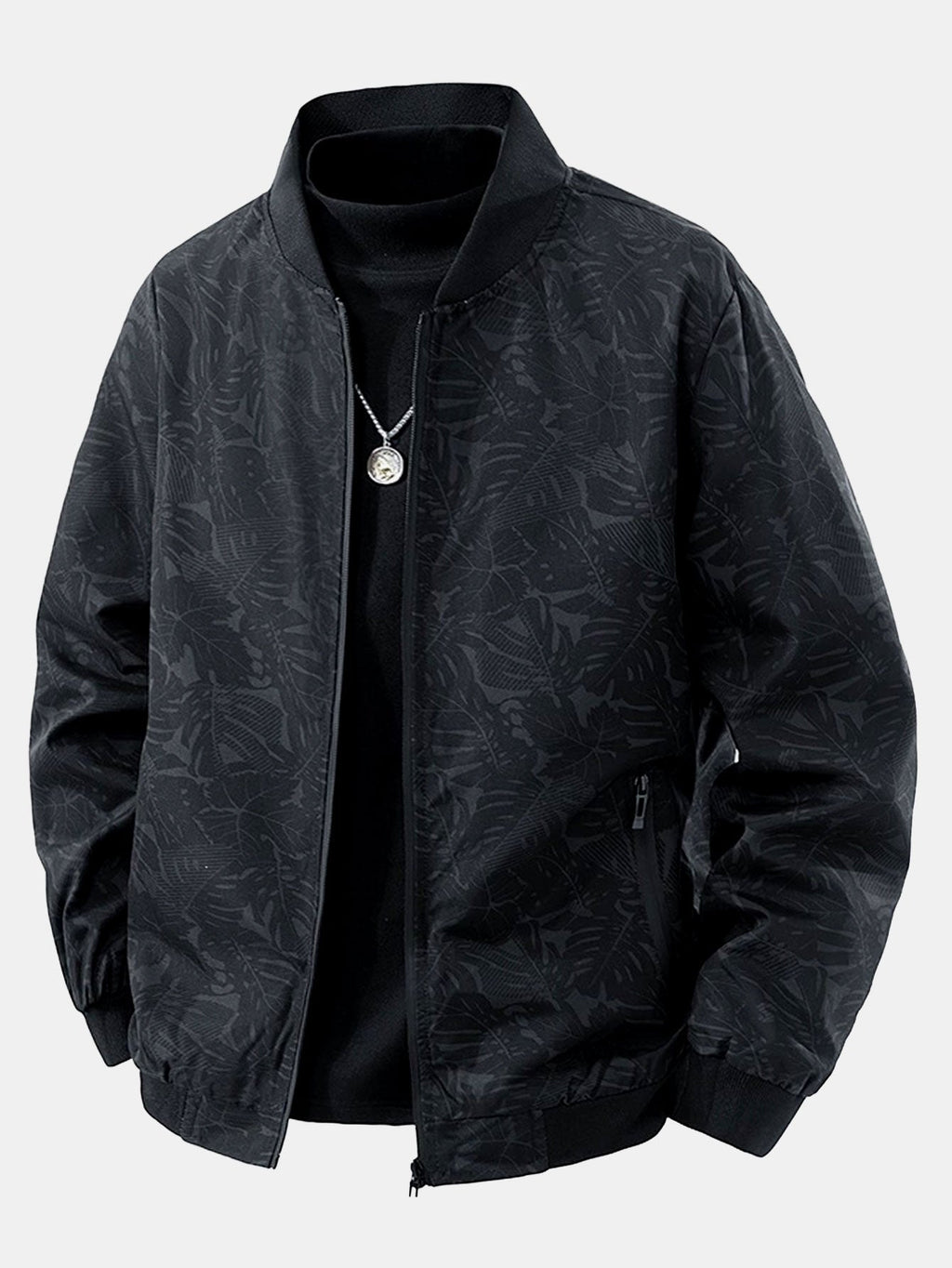 Men's Tropical Leaf Print Bomber Jacket – Relaxed Zip-Up Casual Outerwear