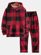 Men's Checked Teddy Fleece Tracksuit – Hooded Two-Piece Set