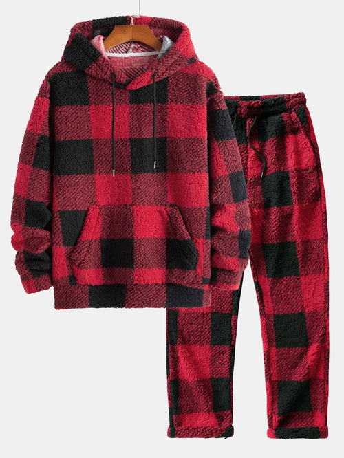 Men's Checked Teddy Fleece Tracksuit – Hooded Two-Piece Set