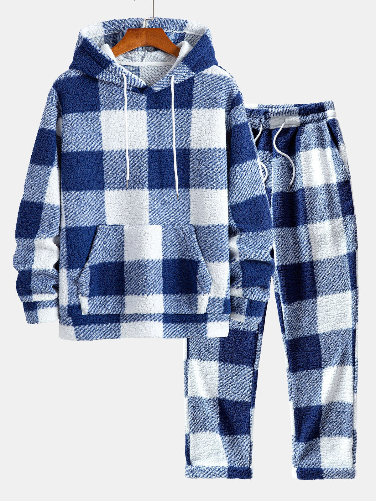 Men's Checked Teddy Fleece Tracksuit – Hooded Two-Piece Set