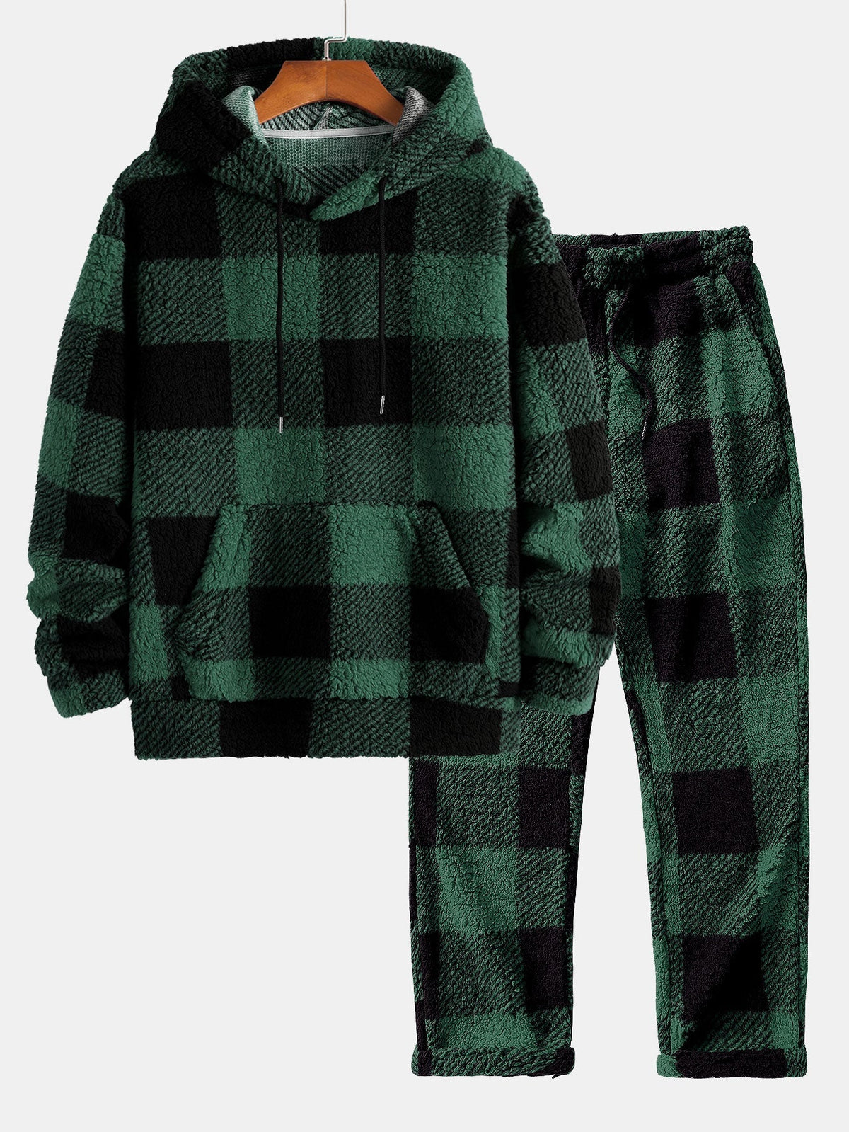 Men's Checked Teddy Fleece Tracksuit – Hooded Two-Piece Set