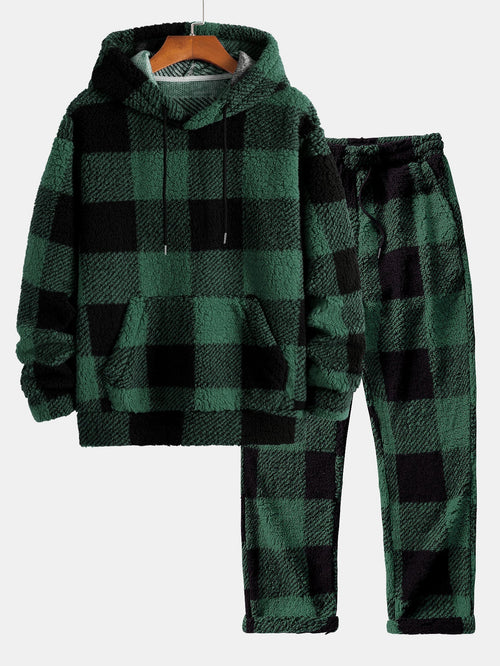Men's Checked Teddy Fleece Tracksuit – Hooded Two-Piece Set