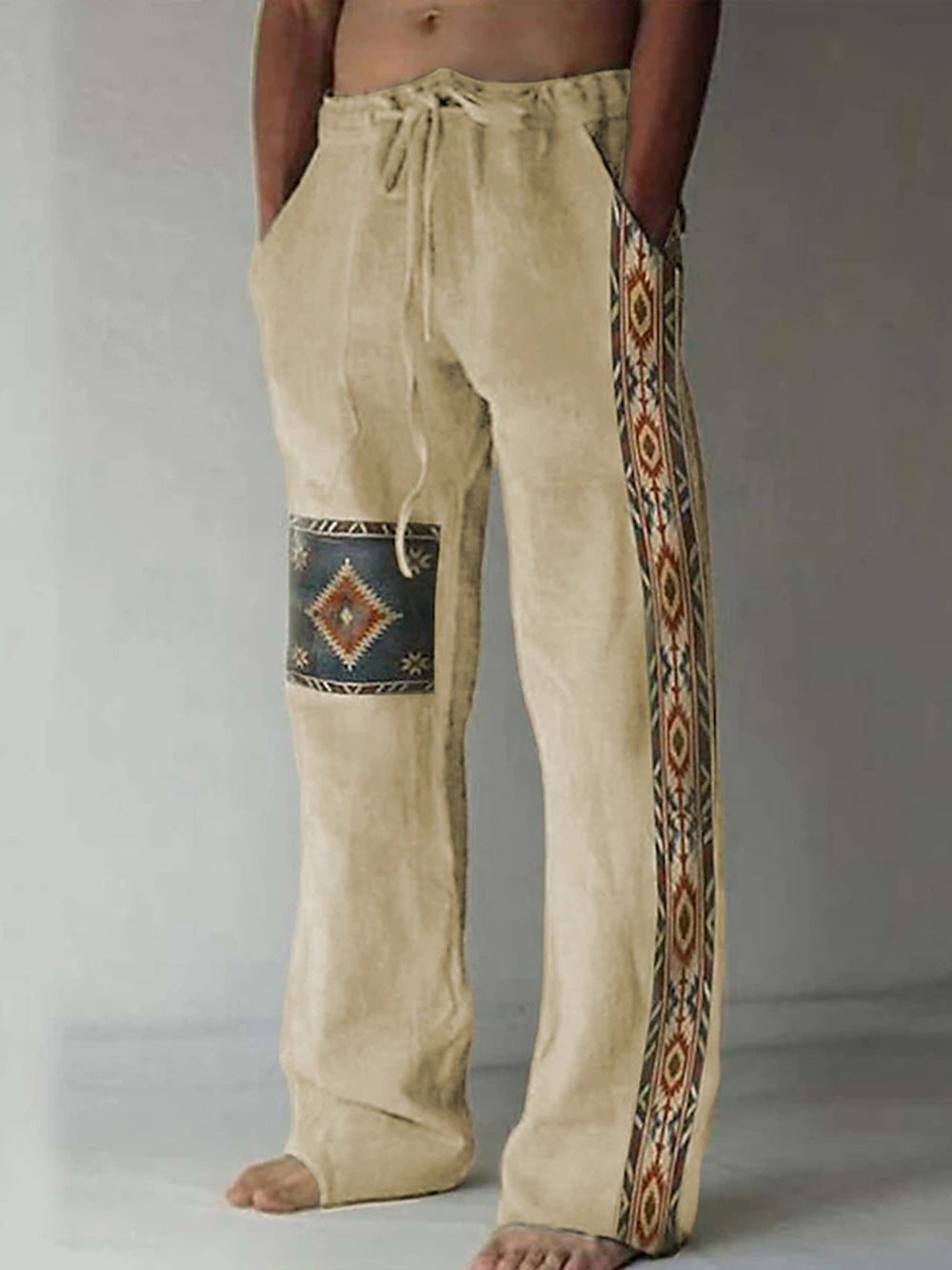 Men's Patchwork Cotton-linen-look Trousers
