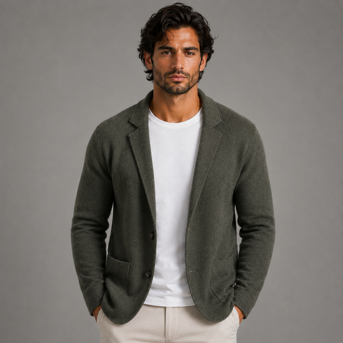 Men's Soft Wool-Blend Knit Cardigan with Suit Collar