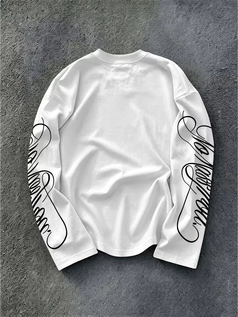 Men's Dark Longsleeve with White Script Print on Sleeves and Chest