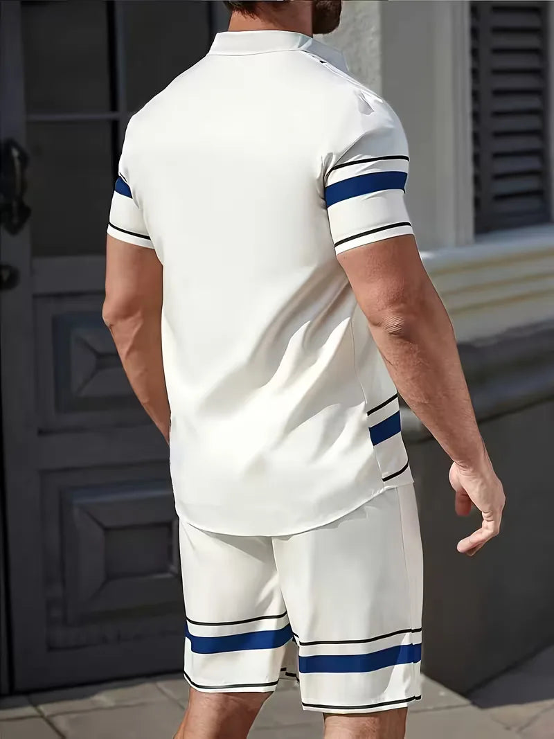 Men's Short Sleeve Shirt and Shorts Set in White/Blue