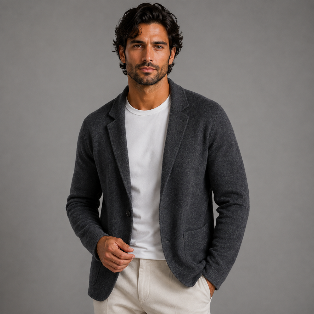 Men's Soft Wool-Blend Knit Cardigan with Suit Collar