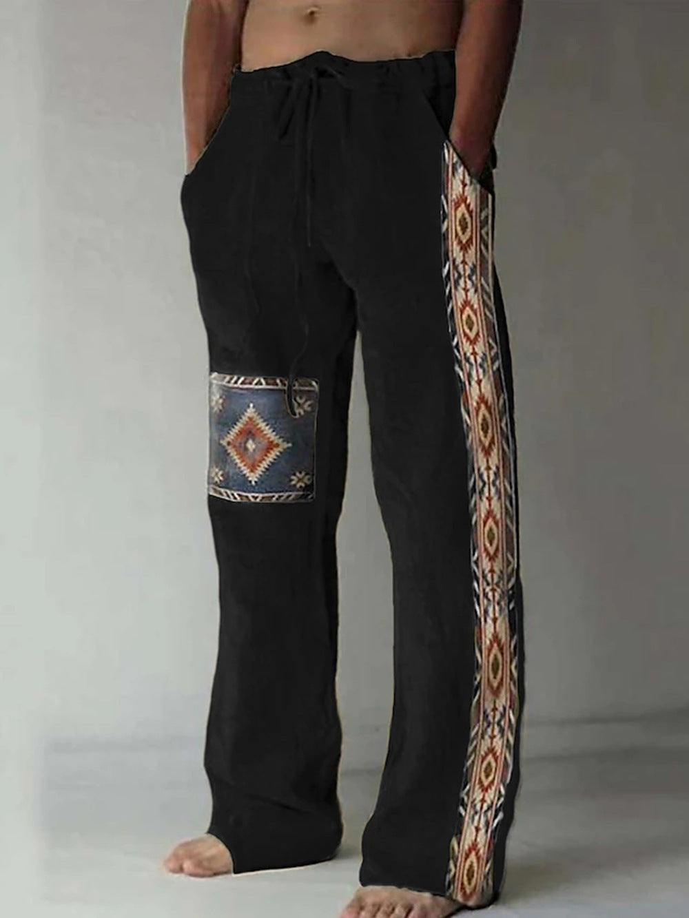 Men's Patchwork Cotton-linen-look Trousers