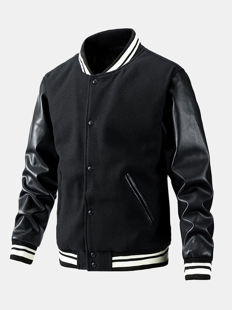 Men's Wool-Look Varsity Bomber Jacket with Faux Leather Sleeves