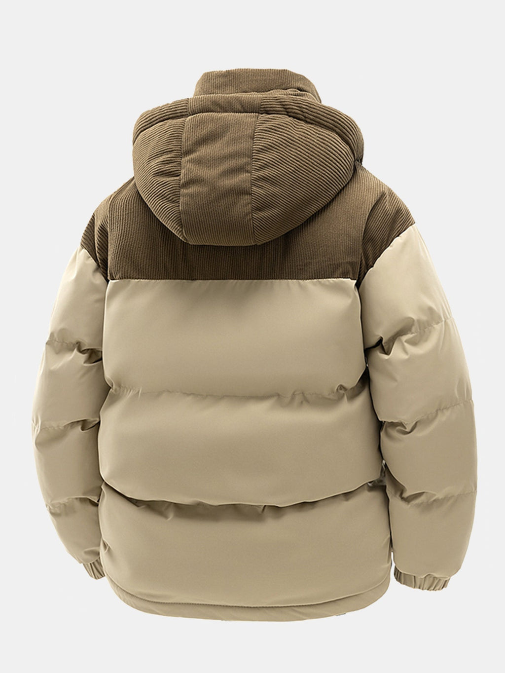 Men's Padded Puffer Jacket with Corduroy Panels and Stand Collar