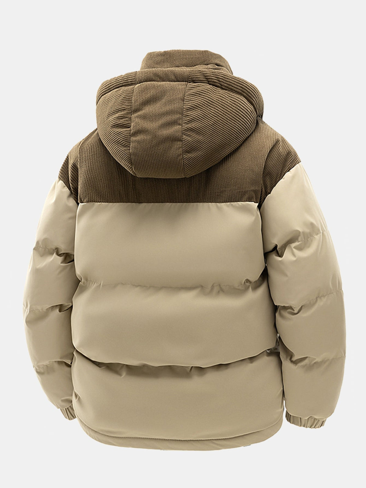 Men's Padded Puffer Jacket with Corduroy Panels and Stand Collar
