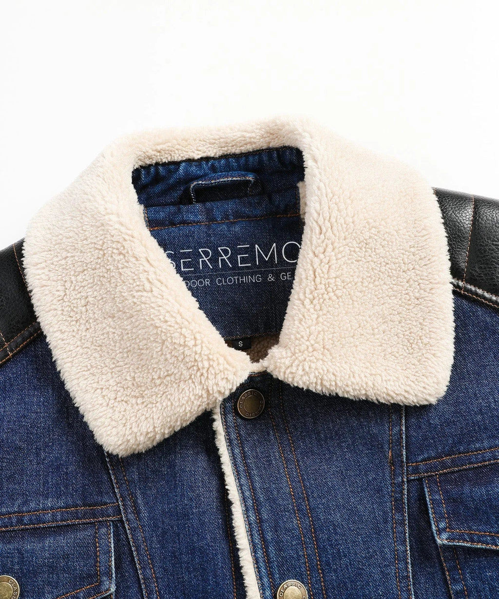 Men's Bomber Jacket with Denim Body and Leather-look Sleeves