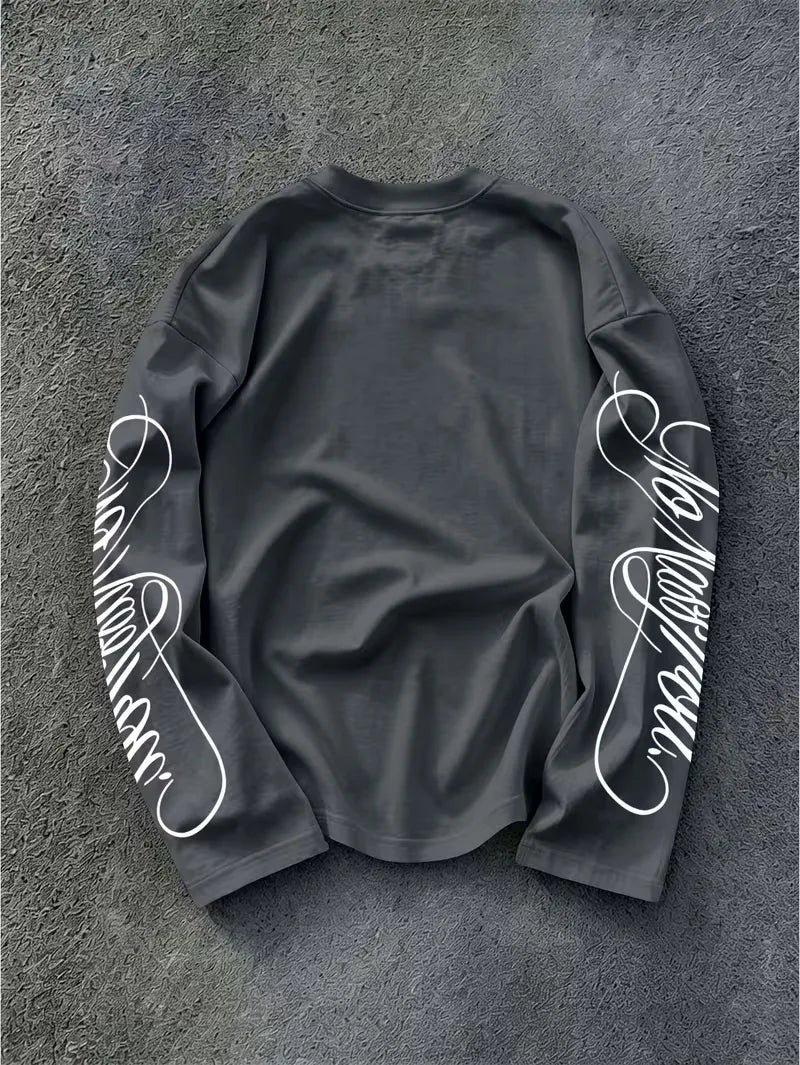 Men's Dark Longsleeve with White Script Print on Sleeves and Chest