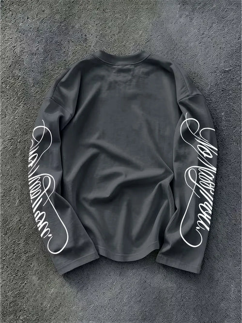 Men's Dark Longsleeve with White Script Print on Sleeves and Chest