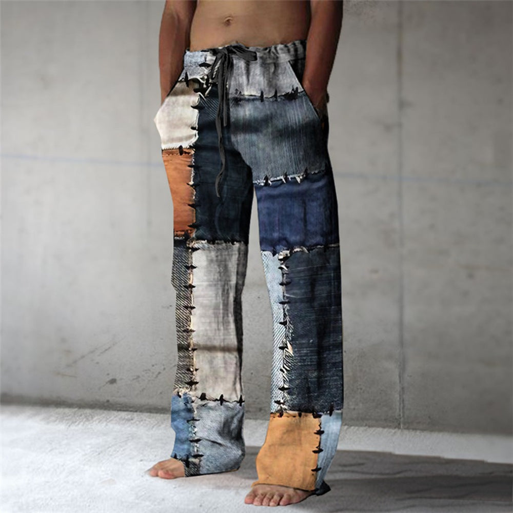 Men's Patchwork Cotton-linen-look Trousers
