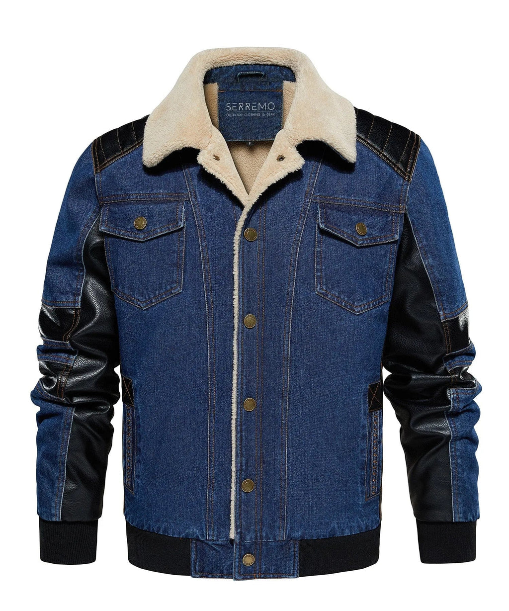Men's Bomber Jacket with Denim Body and Leather-look Sleeves