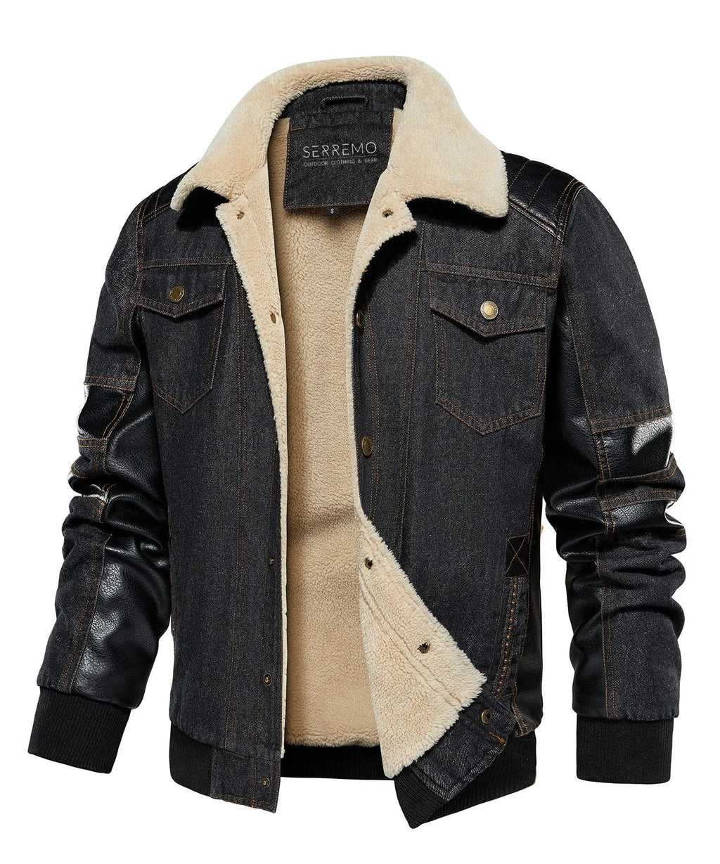 Men's Bomber Jacket with Denim Body and Leather-look Sleeves