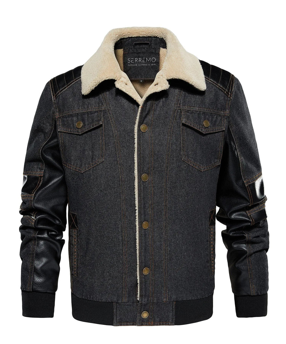 Men's Bomber Jacket with Denim Body and Leather-look Sleeves
