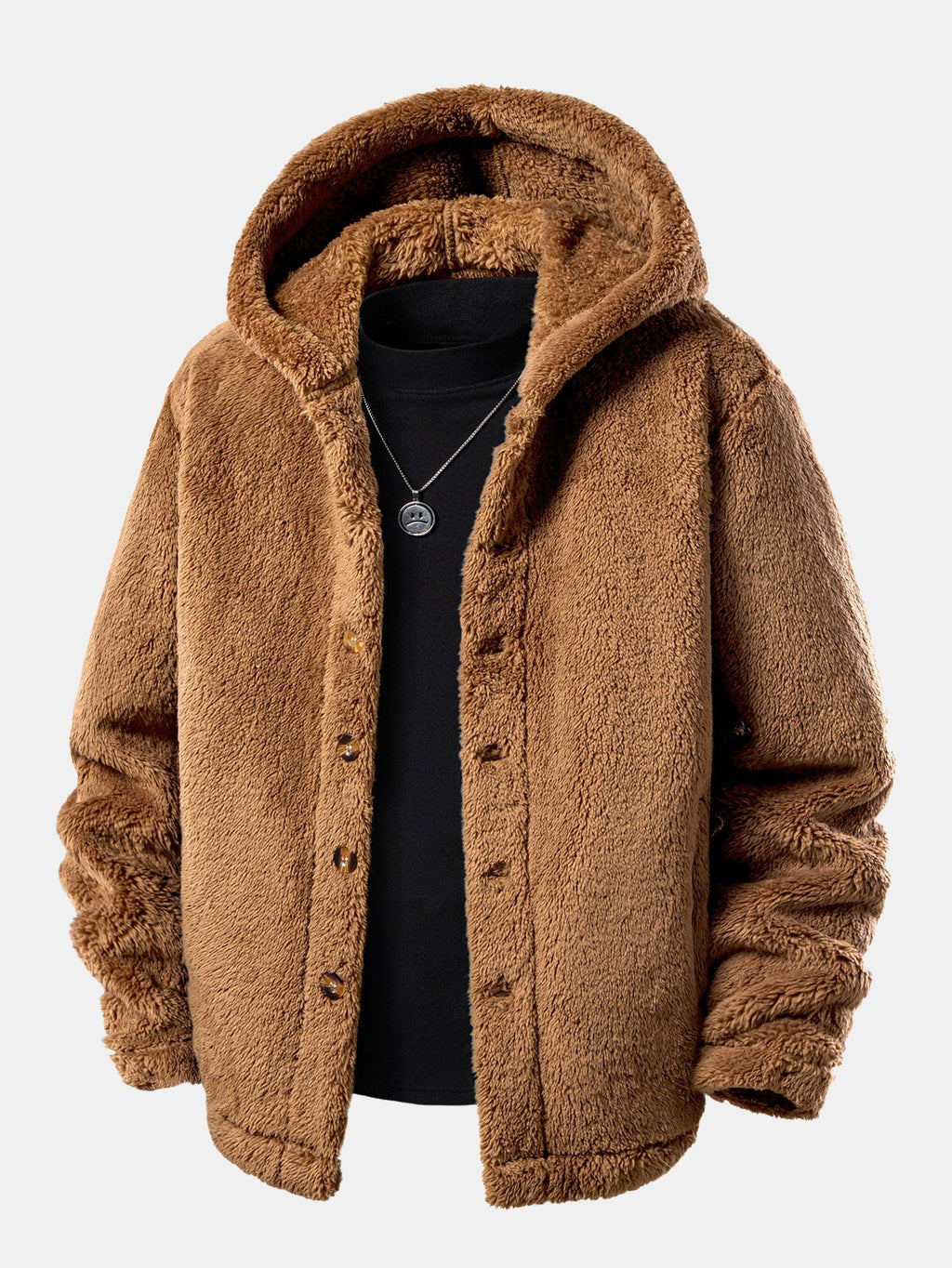Men's Hooded Teddy Fleece Jacket – Soft Plush Button-Up Winter Outerwear