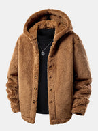 Men's Hooded Teddy Fleece Jacket – Soft Plush Button-Up Winter Outerwear