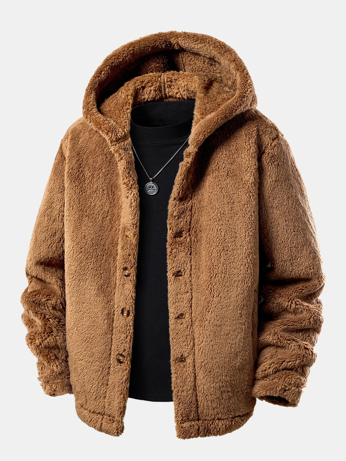 Men's Hooded Teddy Fleece Jacket – Soft Plush Button-Up Winter Outerwear