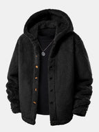 Men's Hooded Teddy Fleece Jacket – Soft Plush Button-Up Winter Outerwear