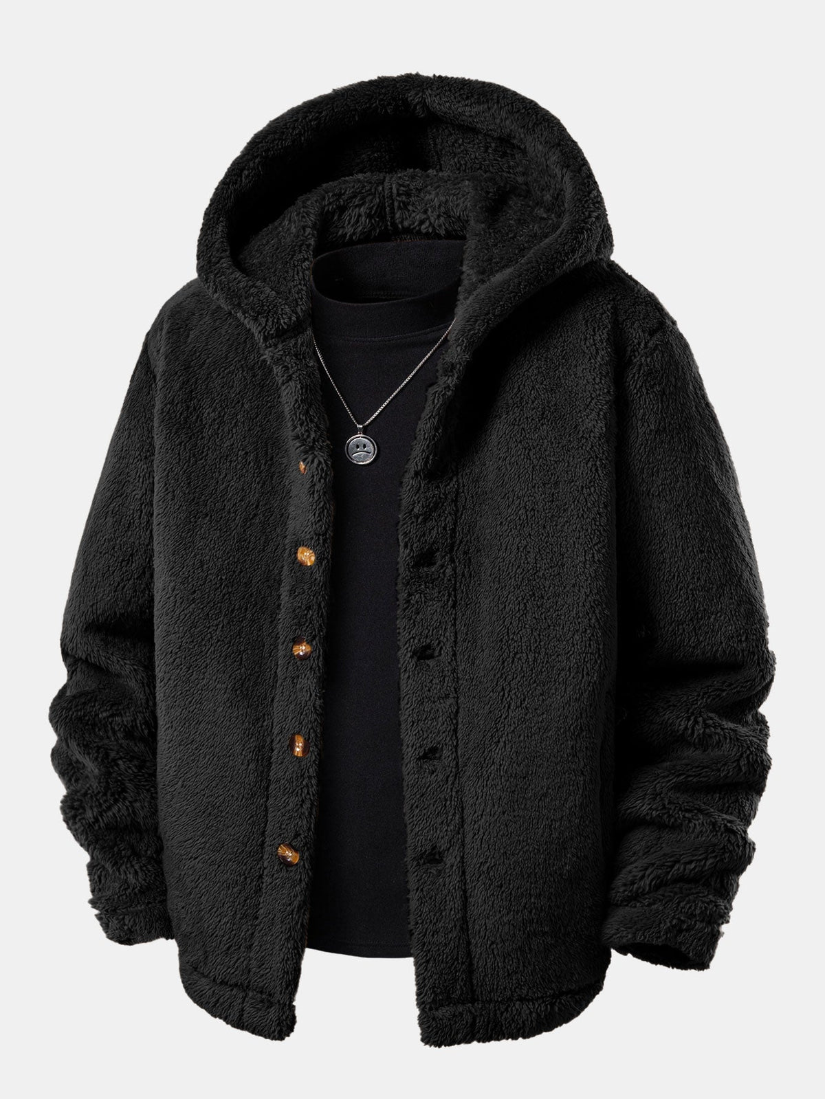 Men's Hooded Teddy Fleece Jacket – Soft Plush Button-Up Winter Outerwear