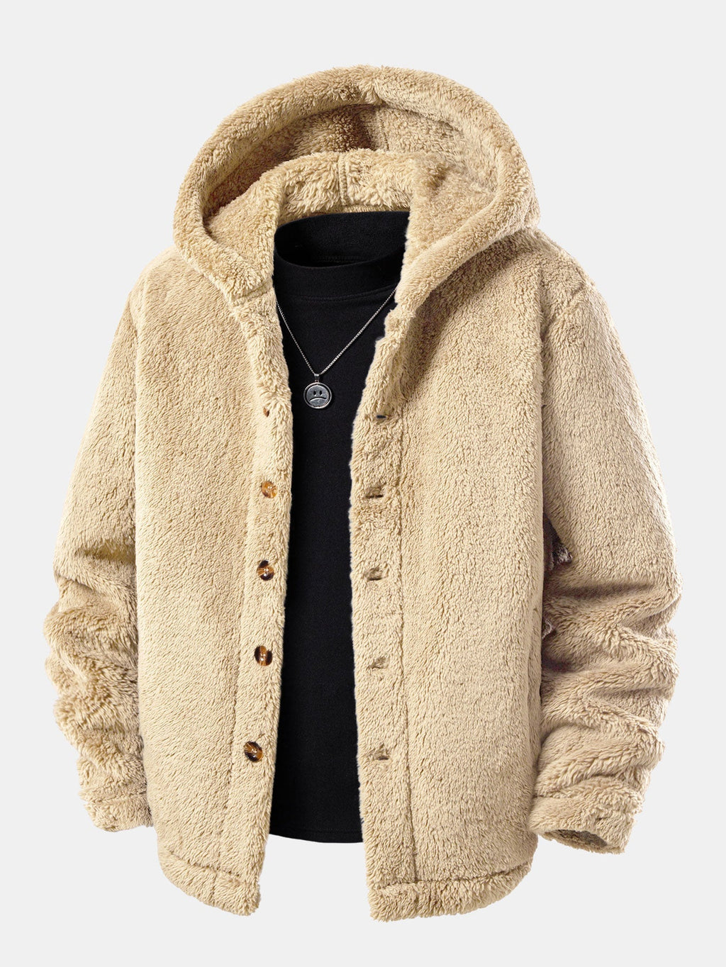 Men's Hooded Teddy Fleece Jacket – Soft Plush Button-Up Winter Outerwear