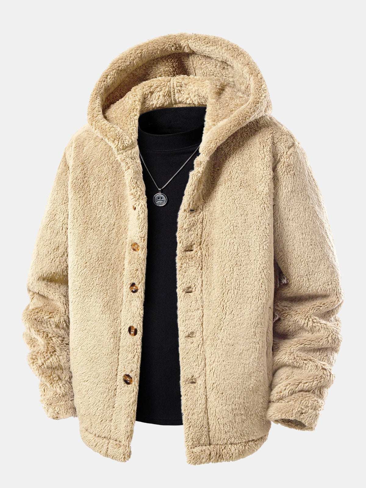 Men's Hooded Teddy Fleece Jacket – Soft Plush Button-Up Winter Outerwear