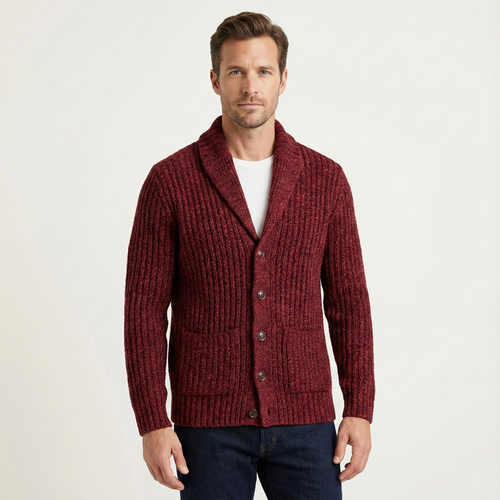 Men's Chunky Cable-Knit Shawl-Collar Cardigan