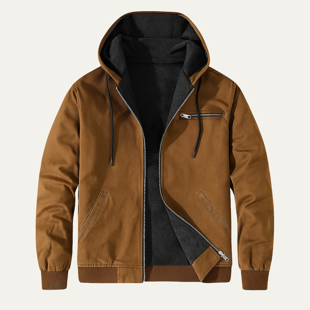 Men's Fleece-Lined Hooded Jacket – Drawstring Hood, Ribbed Cuffs