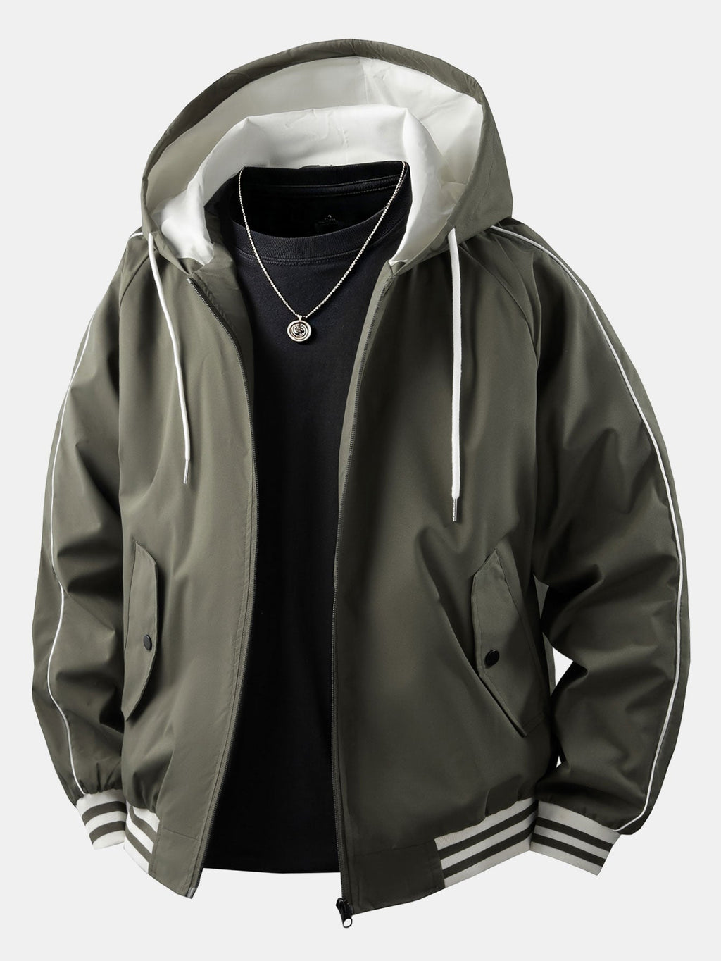Men's Relaxed Hooded Bomber Jacket – Contrast Lined Zip-Up Outerwear