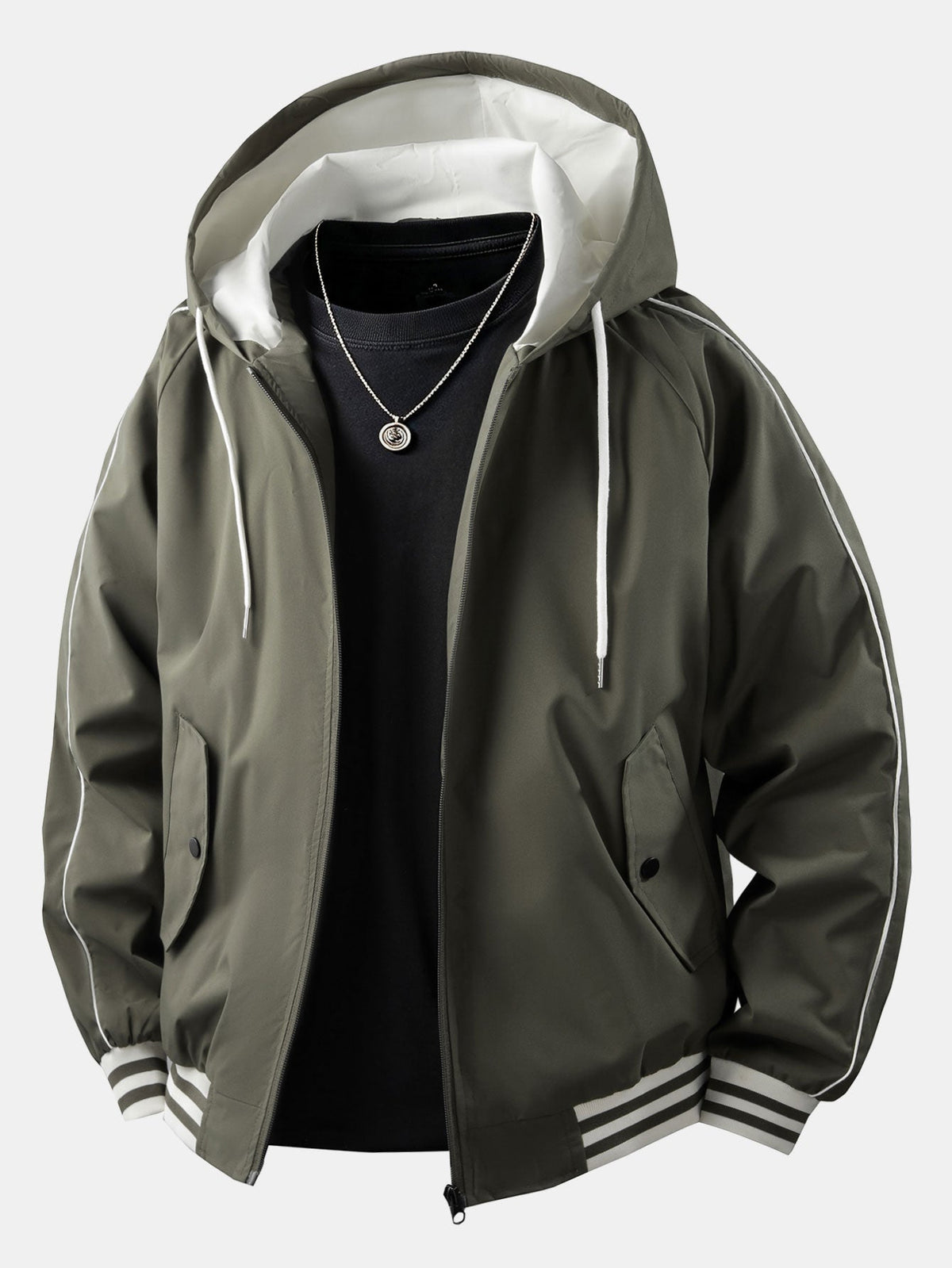 Men's Relaxed Hooded Bomber Jacket – Contrast Lined Zip-Up Outerwear