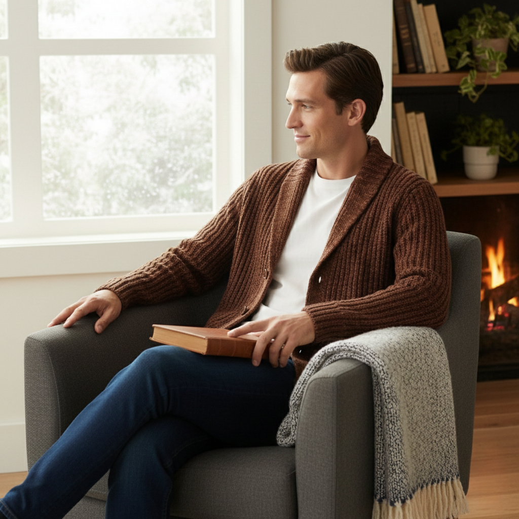 Men's Chunky Cable-Knit Shawl-Collar Cardigan