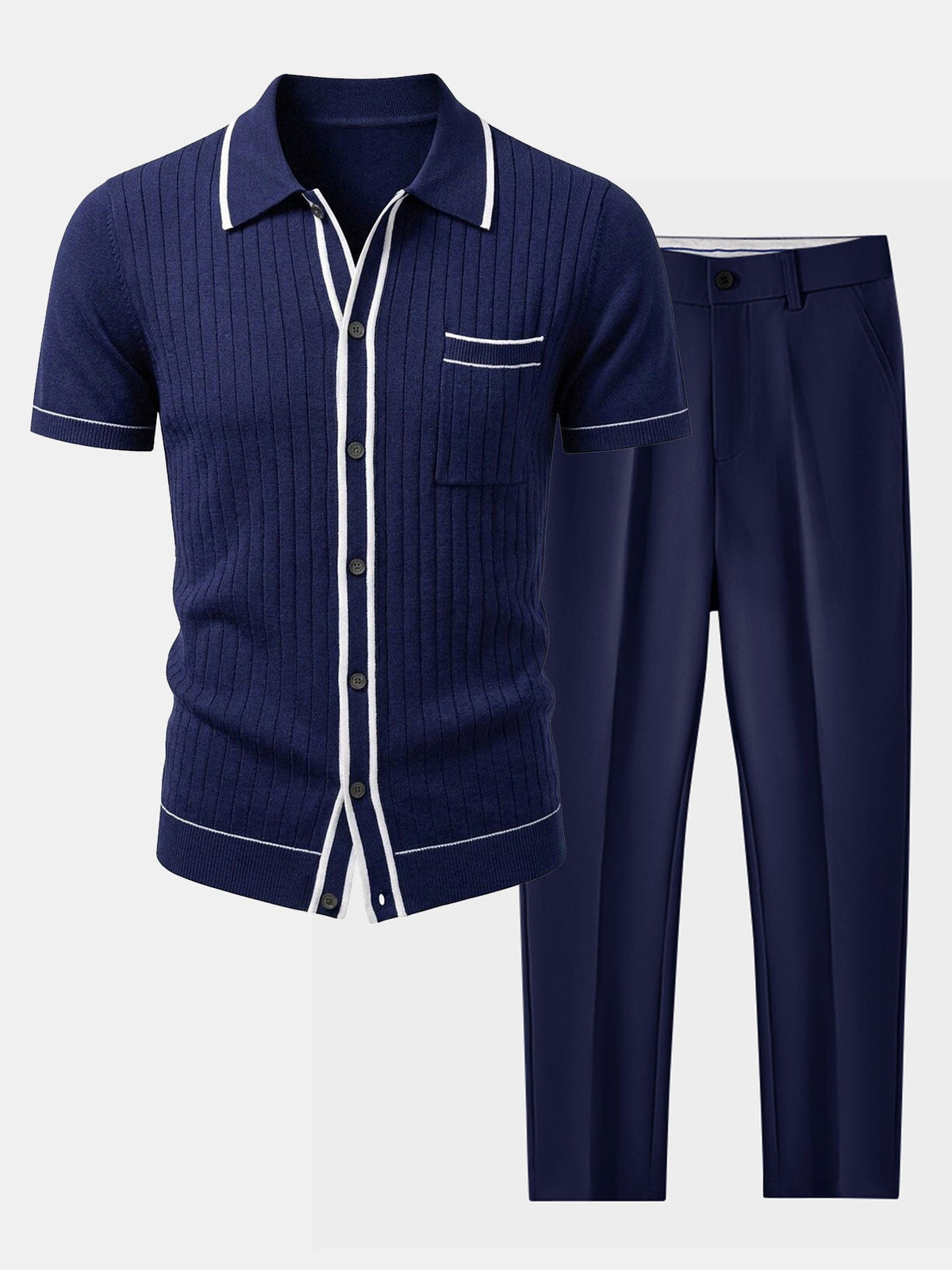 Men's Ribbed Knit Button Shirt Set – Tailored Tapered Trousers