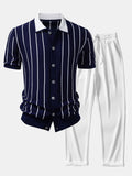 Men's Knitted Button-Up Shirt and Straight-Leg Trousers Set