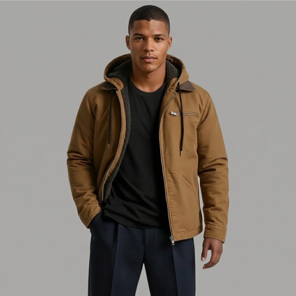 Men's Fleece-Lined Hooded Jacket – Drawstring Hood, Ribbed Cuffs